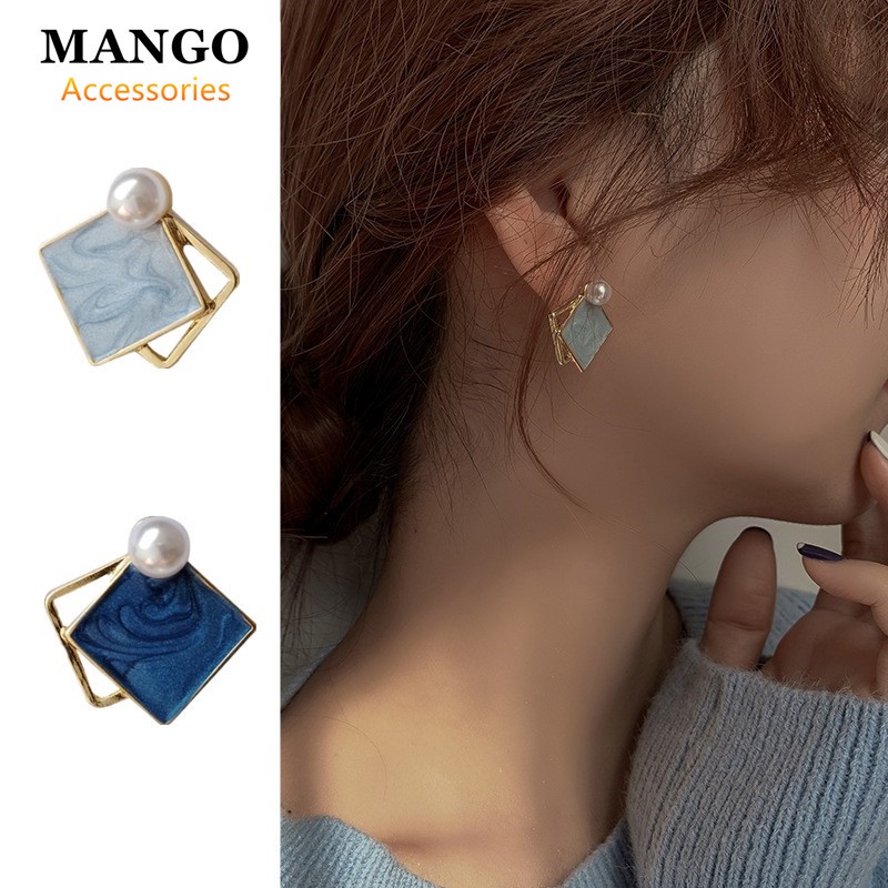 S925 bông tai hình học kim bạc sáng tạo màu tương phản bông tai bất đối xứng A116