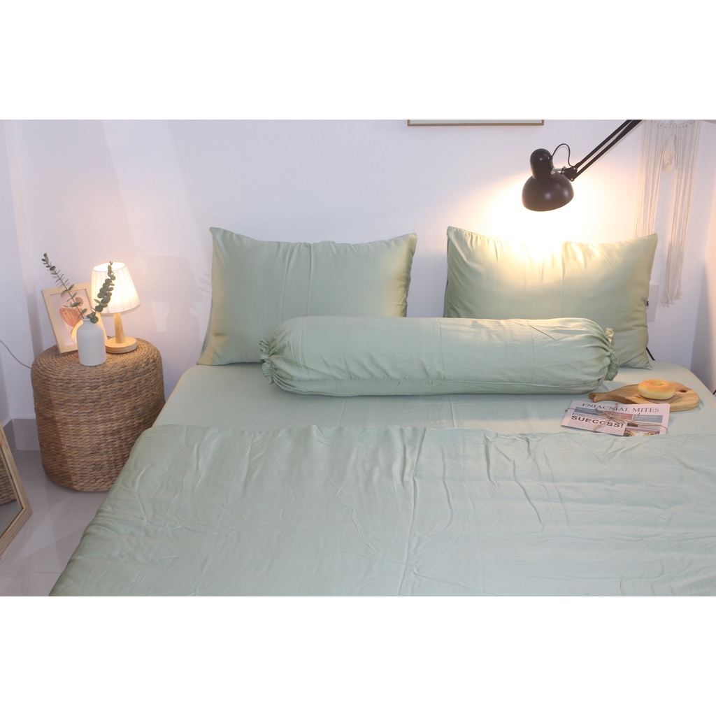 Bộ Chăn drap gối Tencel 60S màu trơn cao cấp mềm mại mịn màng vải nằm siêu mát- Mẫu XanhMatcha