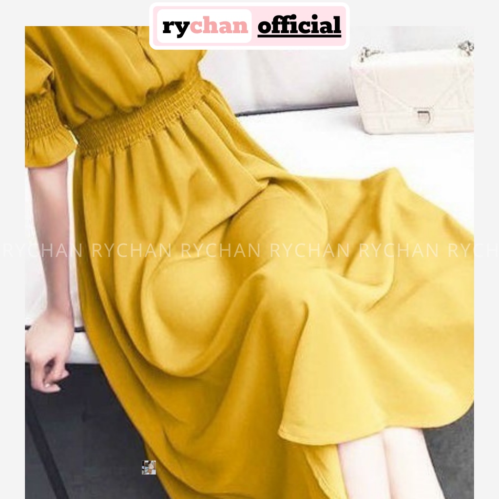 Đầm Xòe Midi Cổ Sơ Mi Eo Chun Tay Phồng Viền Bèo - DX0057