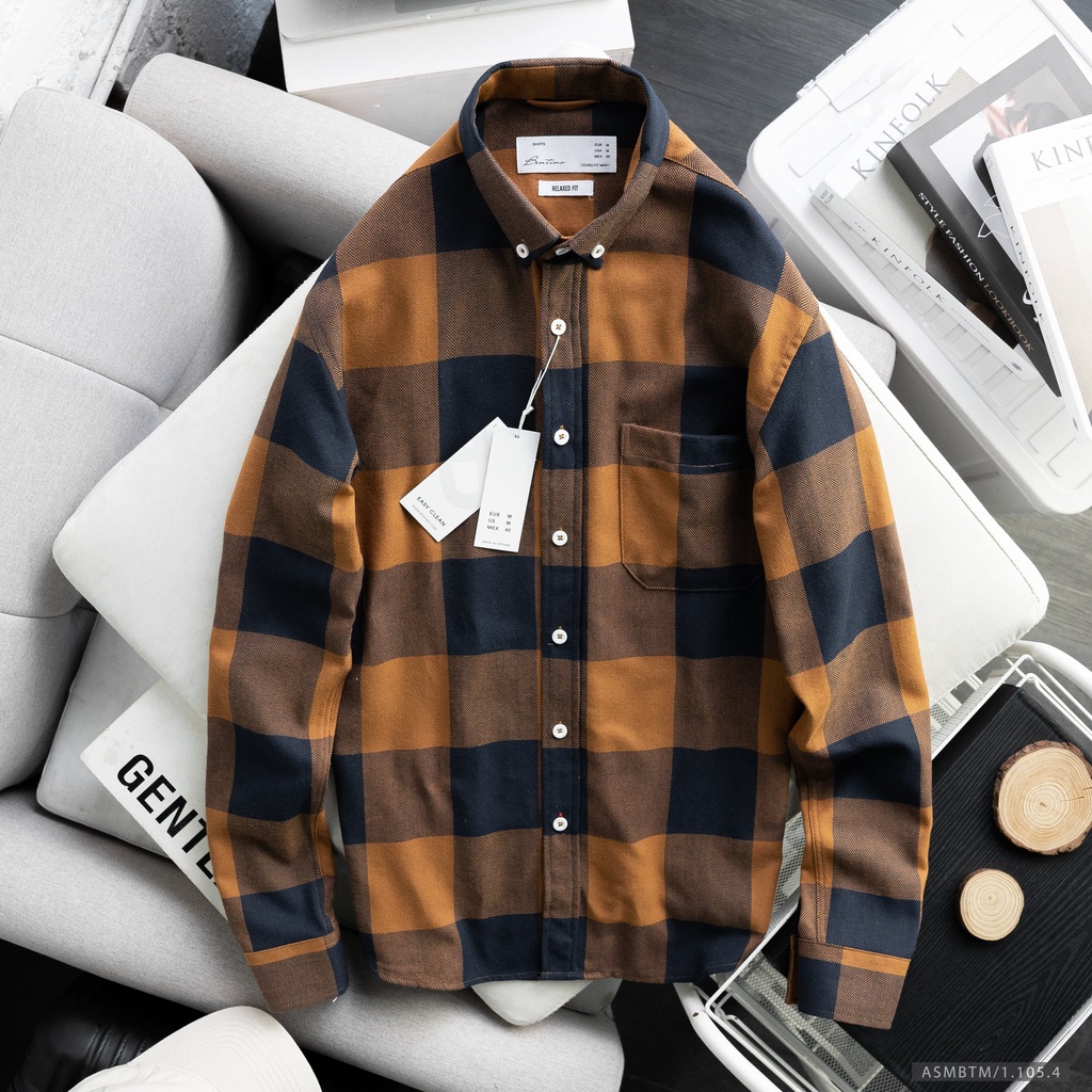 Áo Sơ Mi Caro Nam Flannel Bentino Form Rộng Chất Vải Dạ Mỏng Dài Tay Kiểu Dáng Basic
