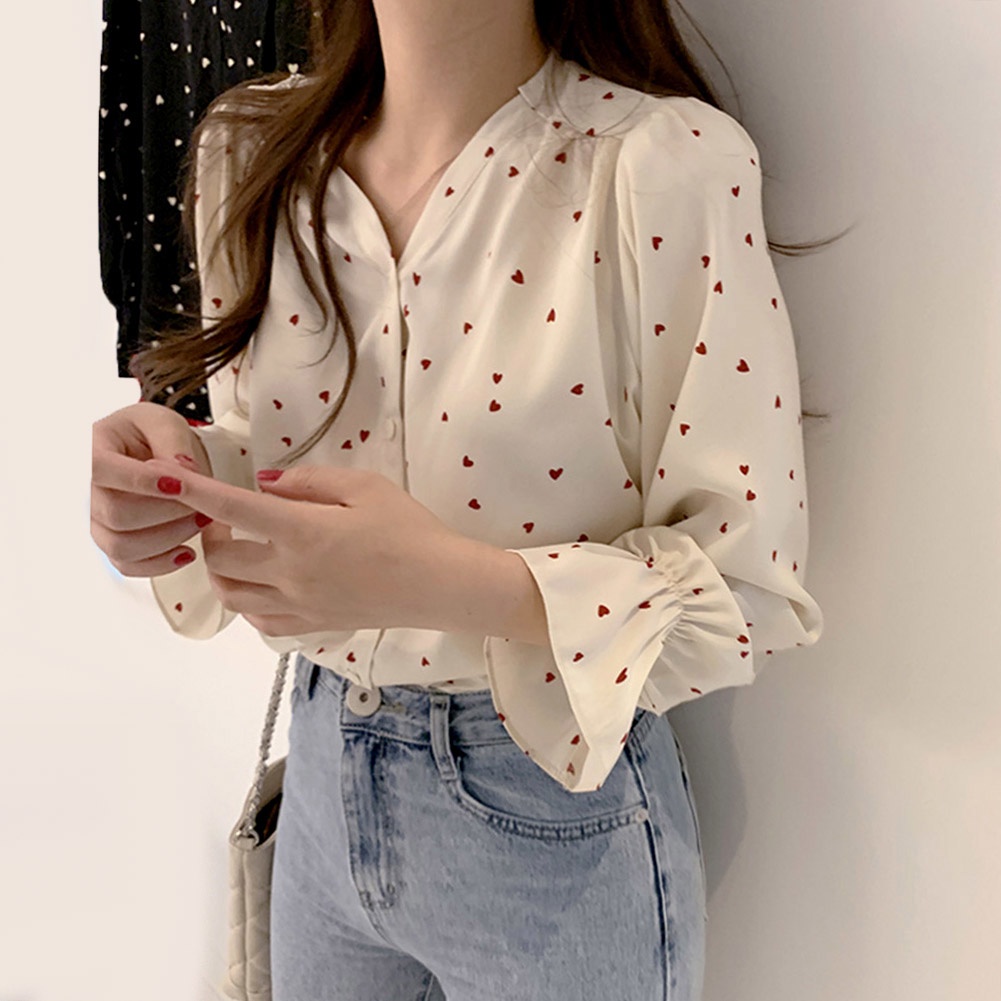 Áo Sơ Mi Chiffon Tay Dài Cổ Chữ V Cài Nút Họa Tiết Trái Tim Thời Trang Cho Nữ
