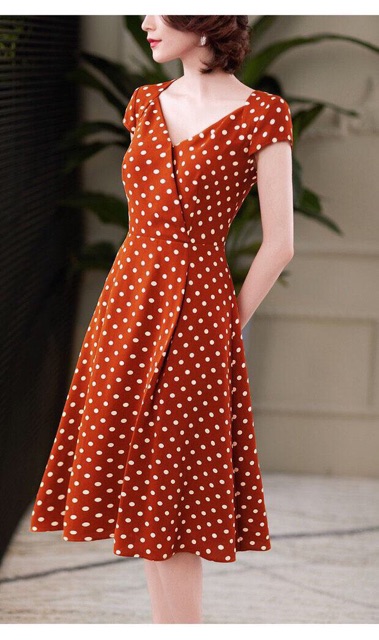 Đầm xoè công sở lụa chấm bi cổ V TRIPBLE T DRESS -size M/L/XL (kèm ảnh/video thật) MS3MT