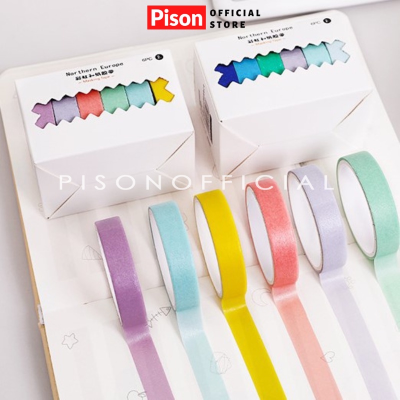 Hộp 06 băng keo giấy Washi tape Pison, băng dính trang trí sổ butllet journal – BK001 – 1 bộ