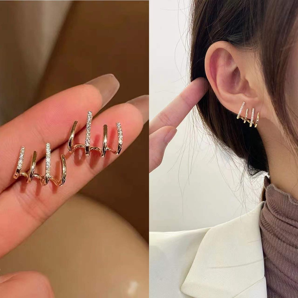 Khuyên Tai Bốn Vòng Đính Kim Cương Đơn Giản Độc Đáo Thời Trang