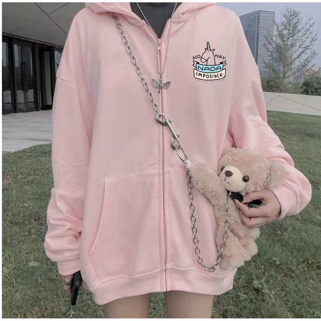 Áo Khoác Khóa Nỉ Nữ Kiểu Dáng Hoodie Mũ Túi Bo Tay Gấu In Logo Ngựa 1 Sừng NADA Mặc Đi Chơi Đi Học