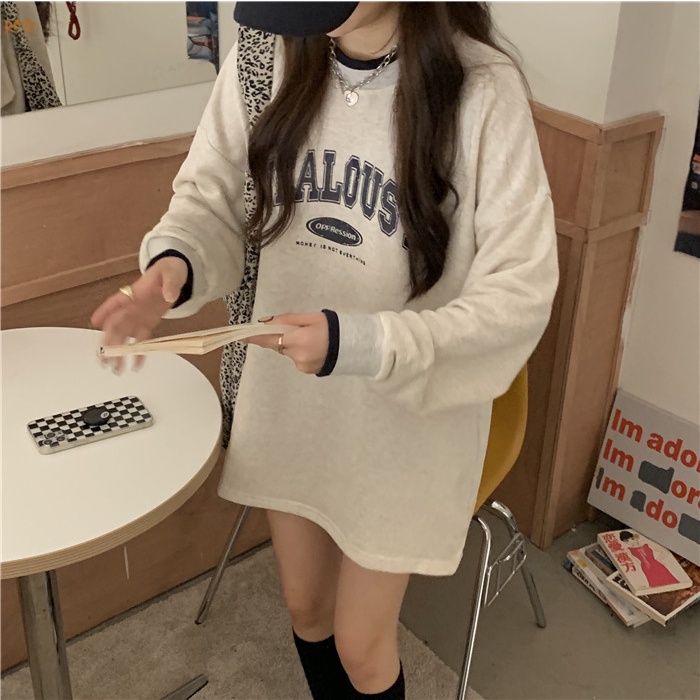 Áo Thun Tay Dài Dáng Rộng In Chữ Màu Sắc Tương Phản Phong Cách Retro Dành Cho Nữ