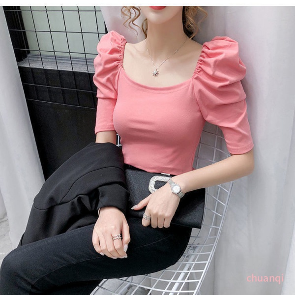 Áo thun tay ngắn phồng không cổ thời trang mùa hè mới cho nữ