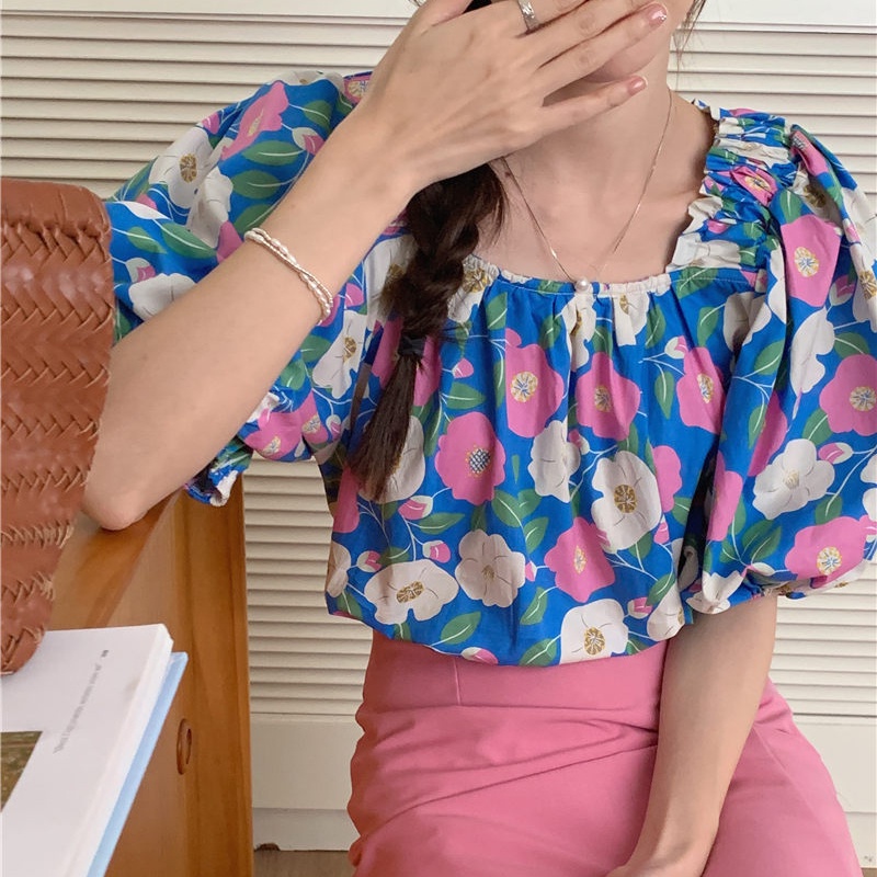 SUXI Áo Kiểu Cổ Vuông Tay Ngắn Dáng Rộng In Họa Tiết Hoa Phong Cách Hàn Quốc Xinh Xắn