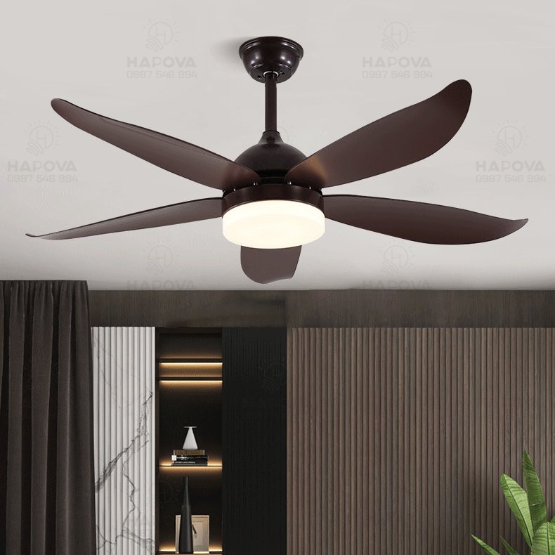 Quạt trần đèn chùm, đèn trần phòng khách 5 cánh gỗ HAPOVA ORIGA 8075 + Tặng kèm khiển