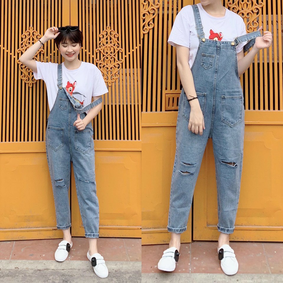 Quần Yếm Jeans Nữ Trơn Và Rách Màu Xanh Phối Túi Cực Xinh