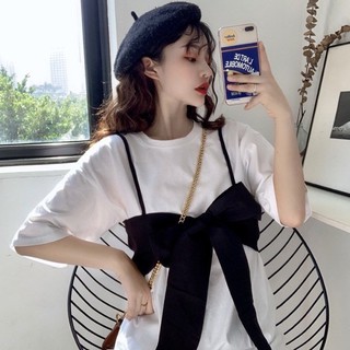 Cả set áo thun trắng tay ngắn + yếm 2 dây đen nơ mặc được 2 mặt ulzzang