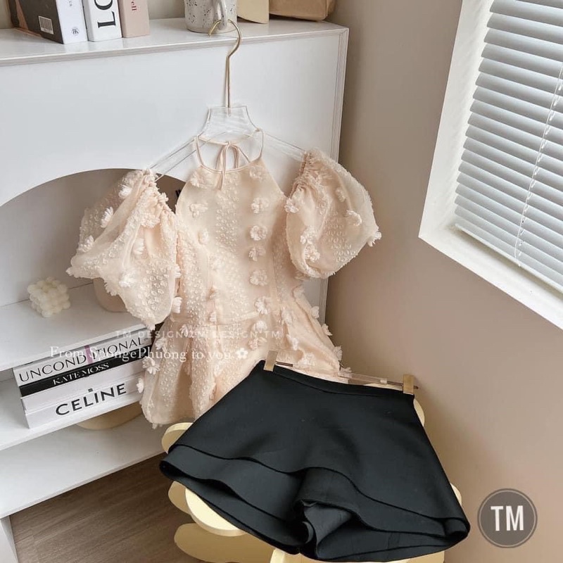 Áo cổ yếm bông gòn xinh xắn,Áo nữ hở vai điệu-shyncloset