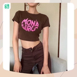 Áo croptop ôm body cổ tròn ngắn tay họa tiết in hình