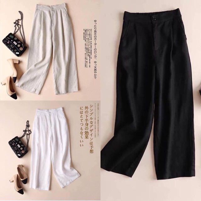 Quần Culottes nữ ống rộng cạp chun tôn dáng thoáng mát chất vải đũi