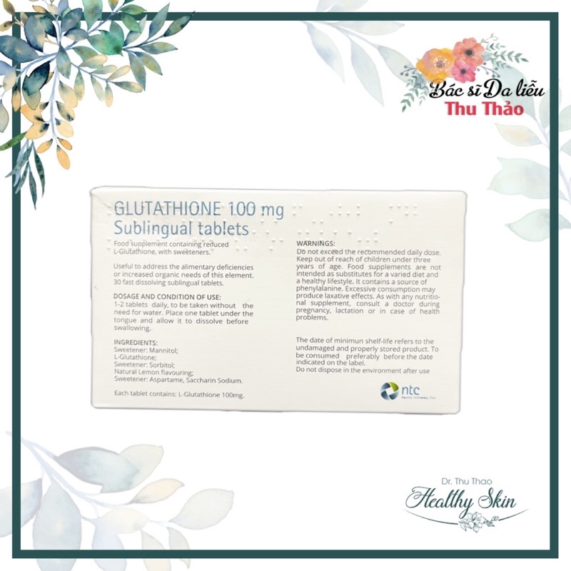 Viên ngậm trắng da dưới lưỡi Glutathione 100mg Italy