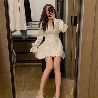 Đầm cổ chữ V xếp ly eo phong cách thời trang, Váy đầm trắng bó eo dáng ngắn tiểu thư phong cách Ulzzang- VN04
