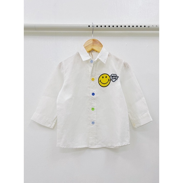 ÁO SƠ MI CHO BÉ, ÁO SƠ MI LINEN STICKER MẶT CƯỜI CHO BÉ TRAI SIZE TỪ 9KG ĐẾN 20KG