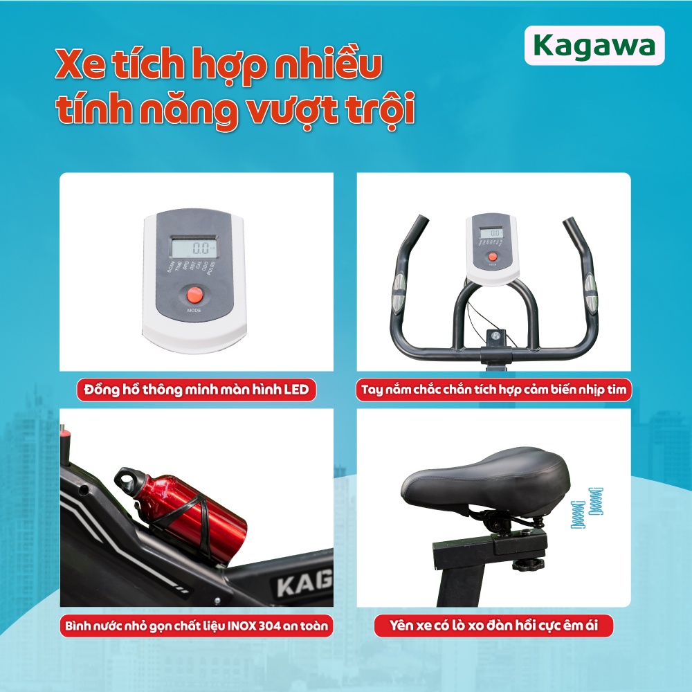 Xe đạp tập thể dục trong nhà Kagawa A8  khung sườn thép không rỉ, siêu bền, tặng 5 quà tặng