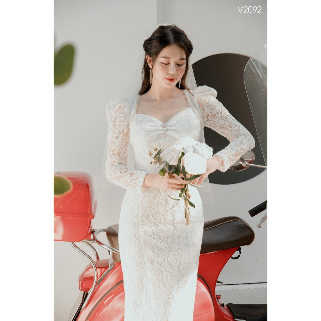 Giian - Váy cưới ren dài tay ôm dáng đính hoa đá, đầm dự tiệc xinh xắn - thiết kế chính hãng - V2092