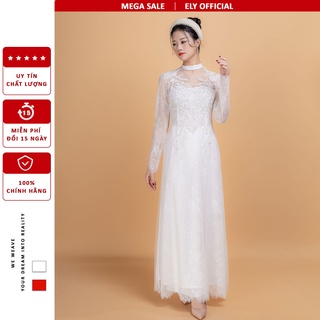 Áo dài cưới truyền thống ELY Boutique đính kết cổ cách điệu, 3 lớp 6 tà ELR08