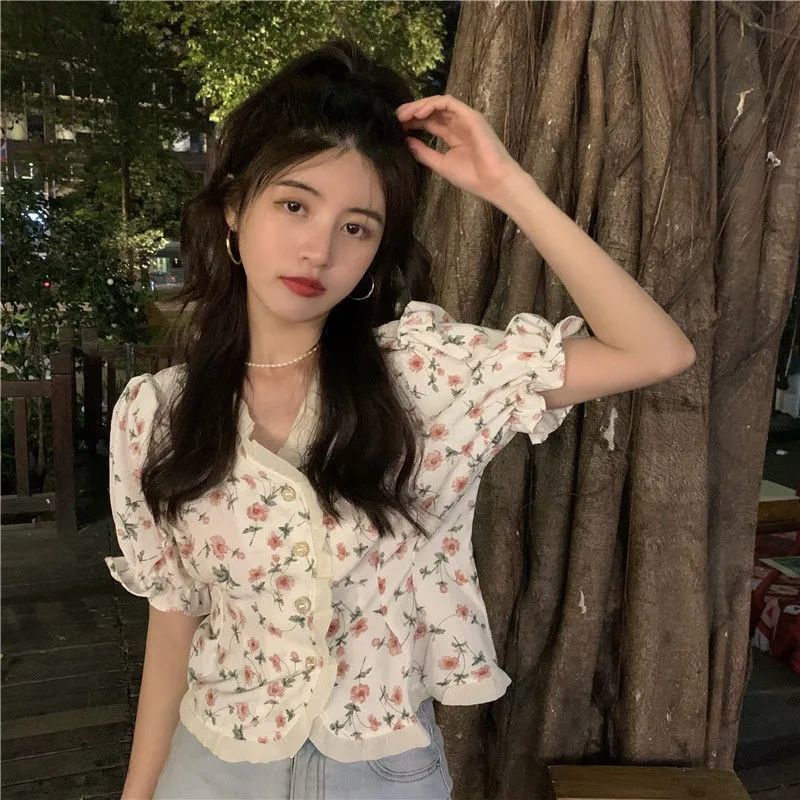 Áo Sơ Mi Cổ Chữ V Tay Phồng In Họa Tiết Hoa Phong Cách Mùa Hè Hàng Mới Dành Cho Bạn Nữ
