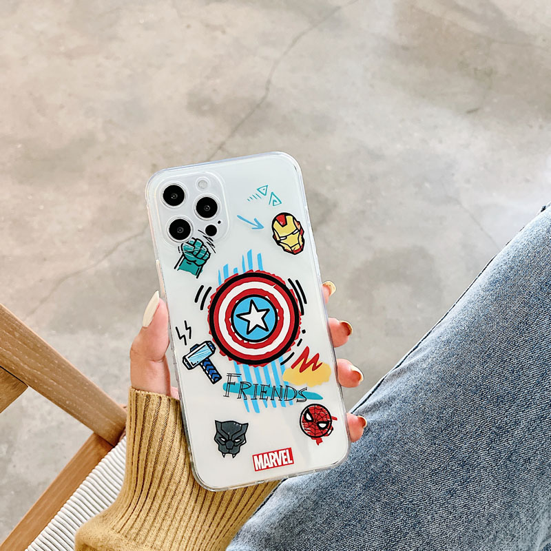 iron Man and Captain America Cartoon Side Pattern Black and Transparent TPU Phone Case For iPhone 12 mini 11 Pro XS Max X XS XR Soft Back Cover Shockproof Fashion Cover for iPhone 12Pro 7 8 7plus