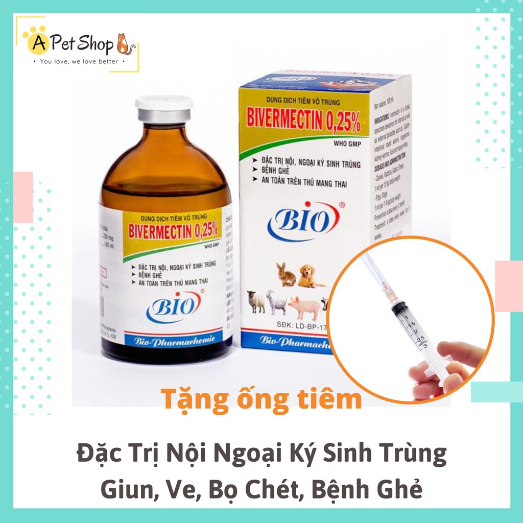 trị ve rận BIVERMECTIN 0.25% (20ml) -DẠNG TIÊM tặng 1 xilanh nhựa và 1 mũi kim to