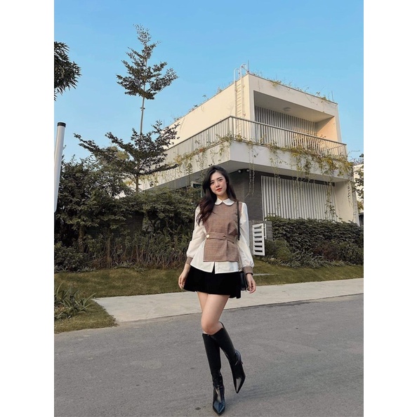 ÁO SƠ MI PHỐI DẠ NÂU ĐAI EO CÚC ĐỒNG | BigBuy360 - bigbuy360.vn