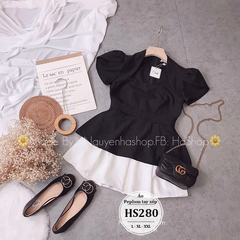 Áo kiểu bigsize nữ - Dáng áo peplum bigsize tay xếp HS280 - Đi chơi, công sở - Màu Đen, Nude - Size 55-90kg L XL XXL | BigBuy360 - bigbuy360.vn