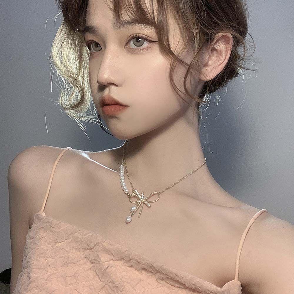 Vòng Cổ Ngọc Trai Đơn Giản Phong Cách Retro|Dây Chuyền Mặt Nơ Kim Loại Đính Đá Nhiều Màu Phong Cách Hàn Quốc Sang Trọng Cho Nữ