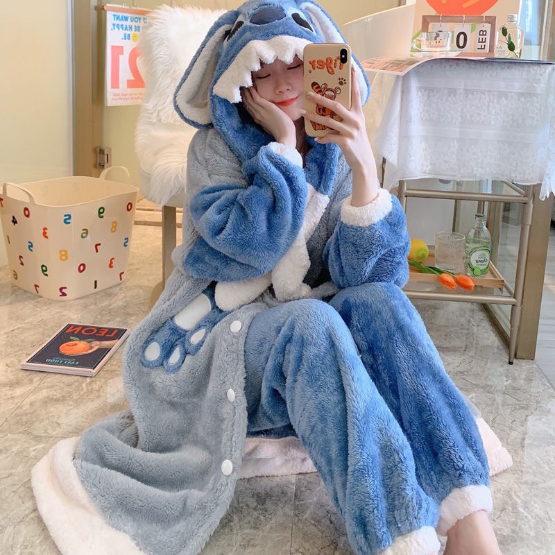 Áo Choàng Ngủ Dáng Dài Chất Nỉ Dày Dặn Phong Cách Hàn Quốc Dễ Thương Thời Trang Thu Đông Cho Nữ