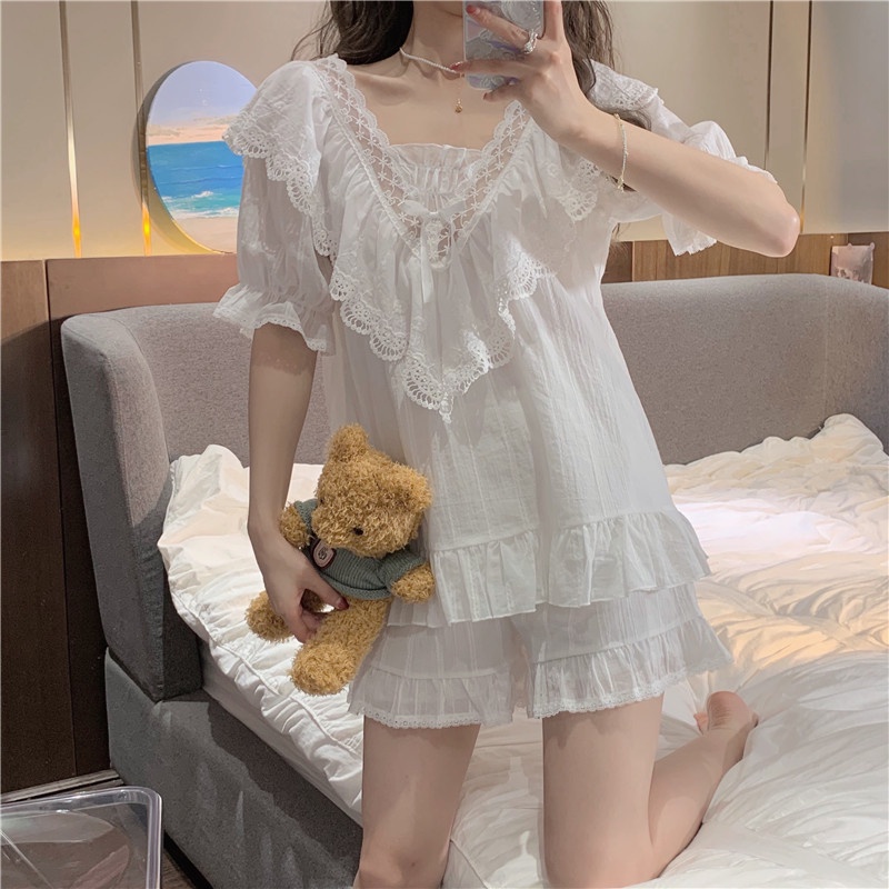 Set bộ nữ trắng mặc nhà ngắn tay bo phối ren quảng châu