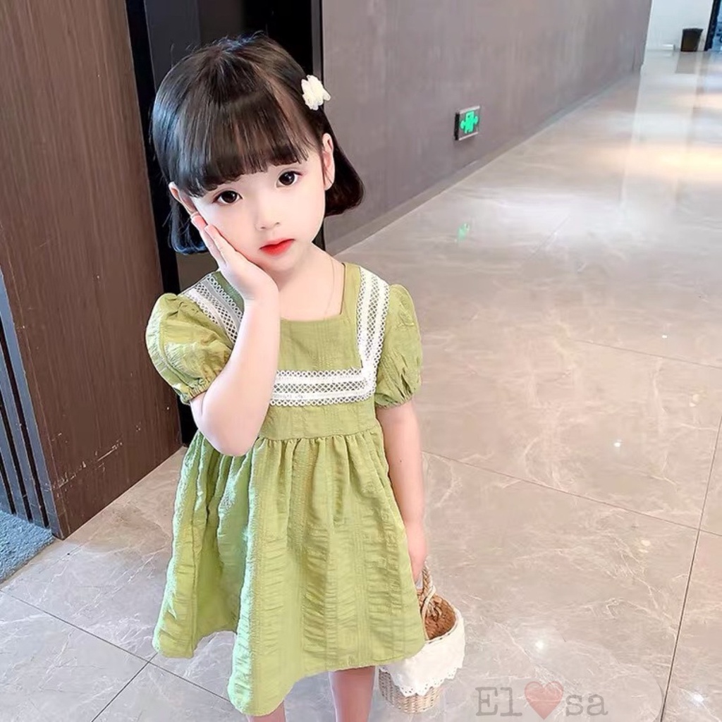 Váy bé gái chất đũi cổ vuông tay bồng bo chun xinh