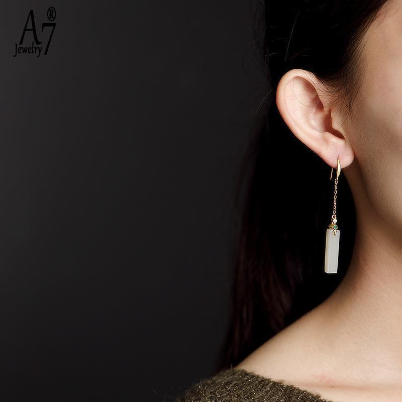 Khuyên Tai Bạc A7 S925 Dáng Vuông Dài Đính Đá Ngọc Bích Thời Trang Cho Nữ
