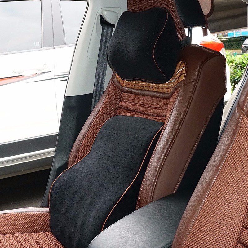 【Ready Stock】 2PCS Headrest Pillow&amp;Memory Foam Velvet Lumbar Cushion Back Pain Relief Car Chair Back Support 0tpU