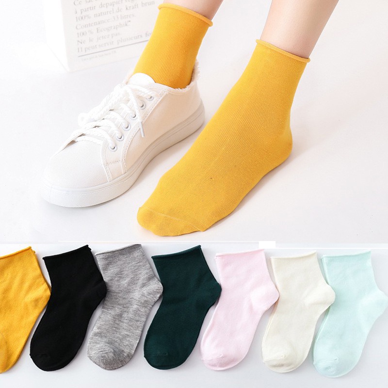 Vớ nữ Tất nhún cổ cao cotton cho bạn gái phong cách vintage hàn quốc đen trắng nhiều màu QC