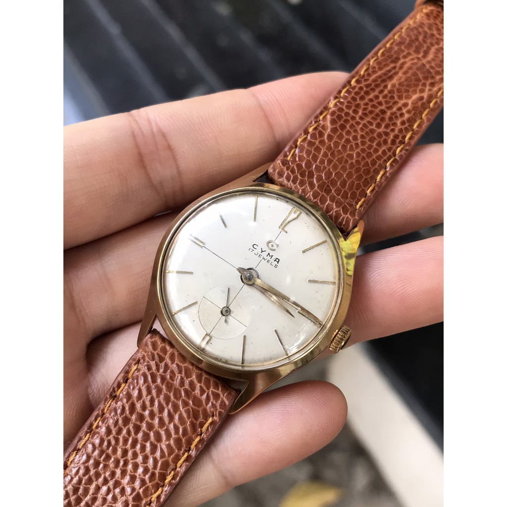 Đồng hồ nam CYMA cơ cót, có kim trôi, niềng mạ vàng, thiết kế đơn giản thanh lịch, dây da - Chính hãng