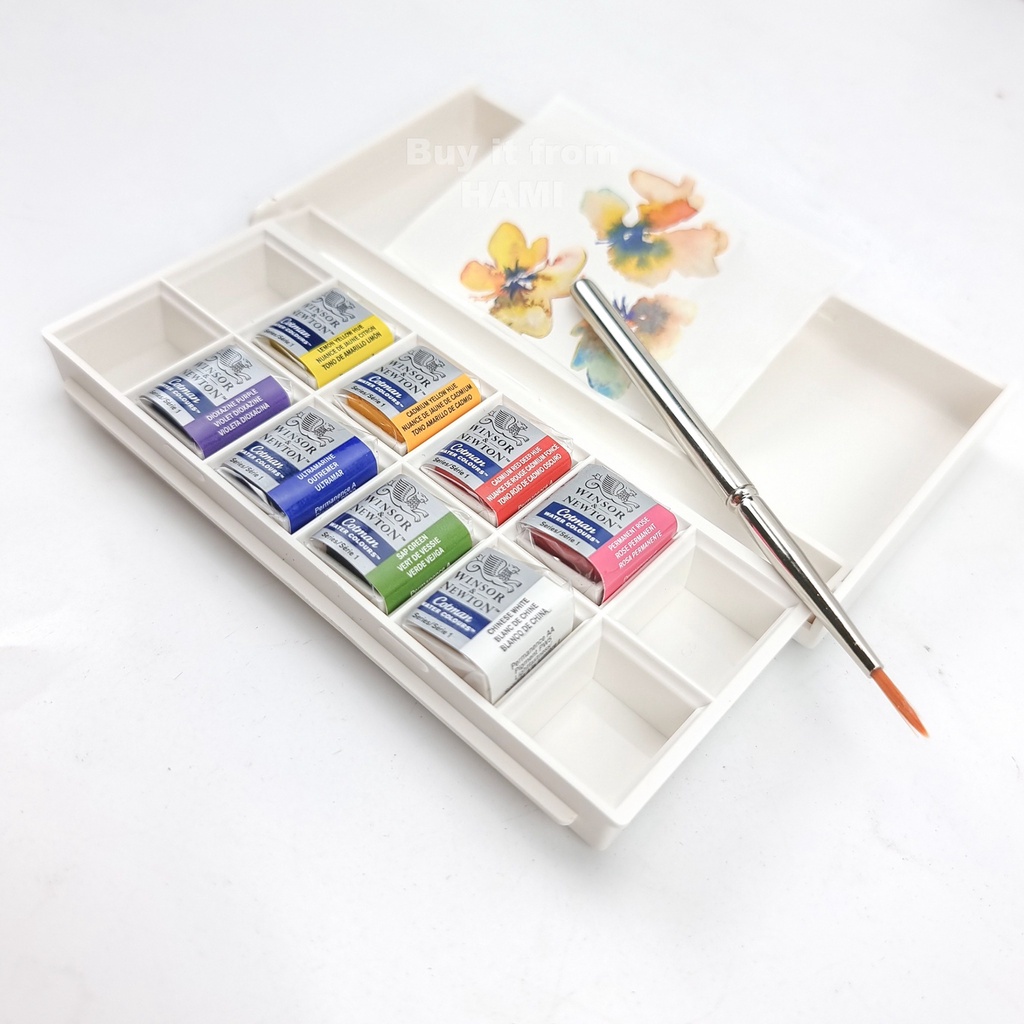 Màu nước Winsor &amp; Newton set 8 màu half-pan kèm cọ - Floral Pocket Set
