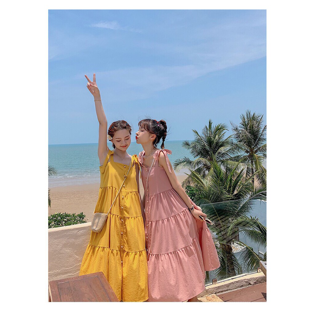 Đầm Voan Kiểu Hai Dây Dáng Dài Kết Hợp Thắc Nơ Vai Kèm Phần Đạp Tạo Tầng Cute TTS0956