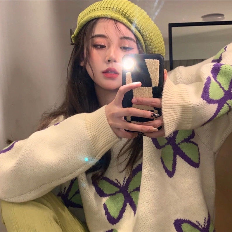 Áo sweater dệt kim họa tiết bướm dễ thương phong cách Nhật Bản thời trang thu đông