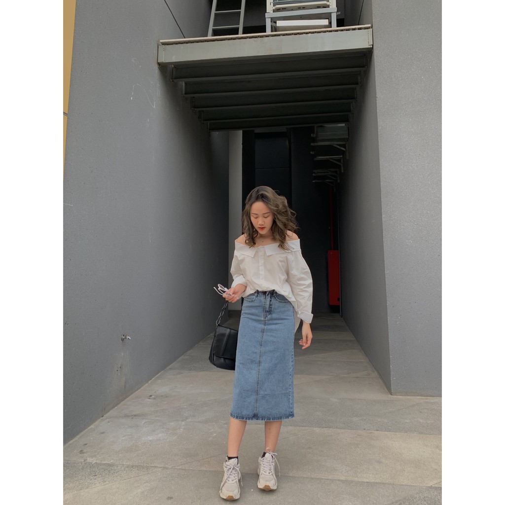 chân váy jeans dáng dài đai cài cúc SK98 1994closet | BigBuy360 - bigbuy360.vn