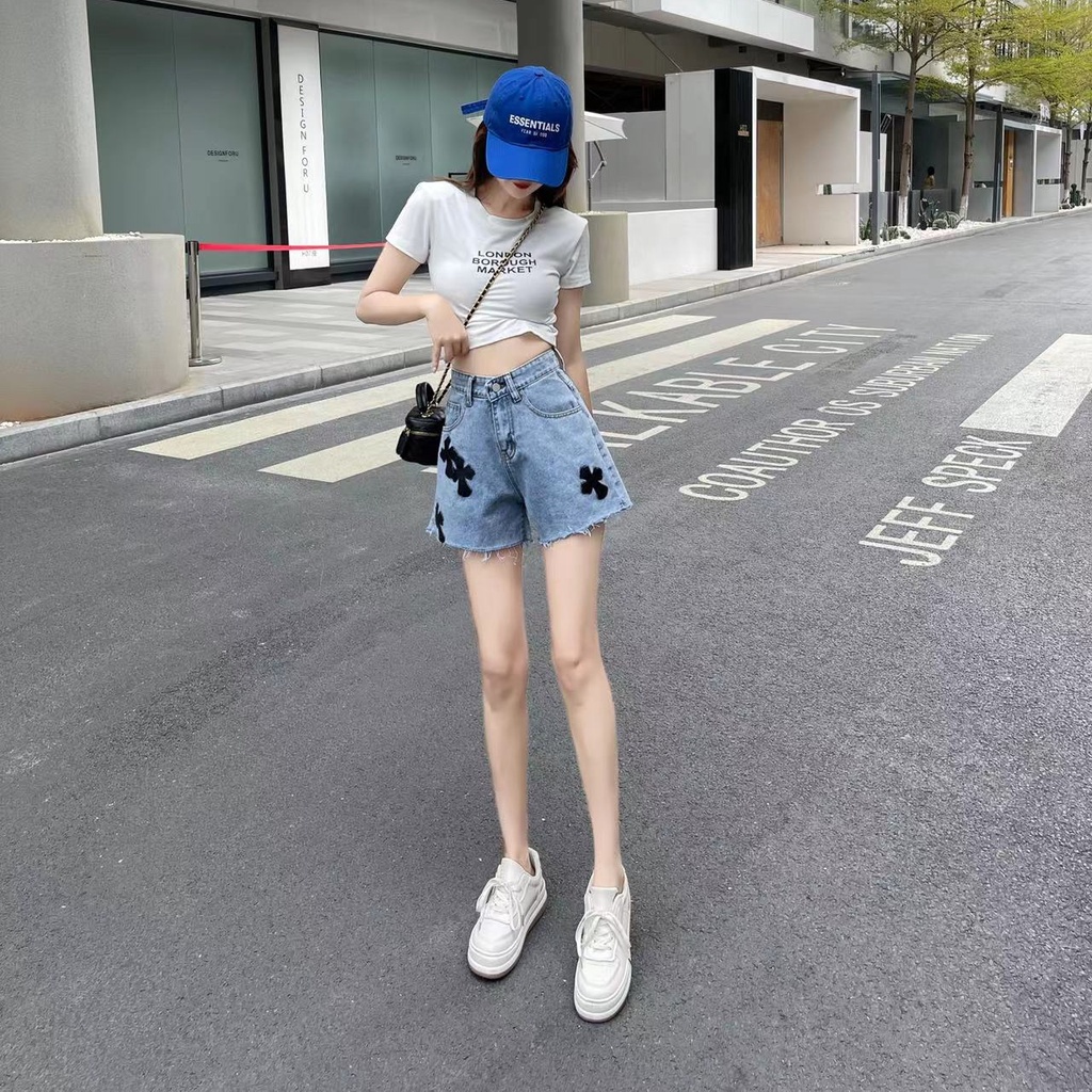 Quần Short Jeans Lưng Cao Ống Rộng In Họa Tiết Retro Thời Trang Cho Nữ