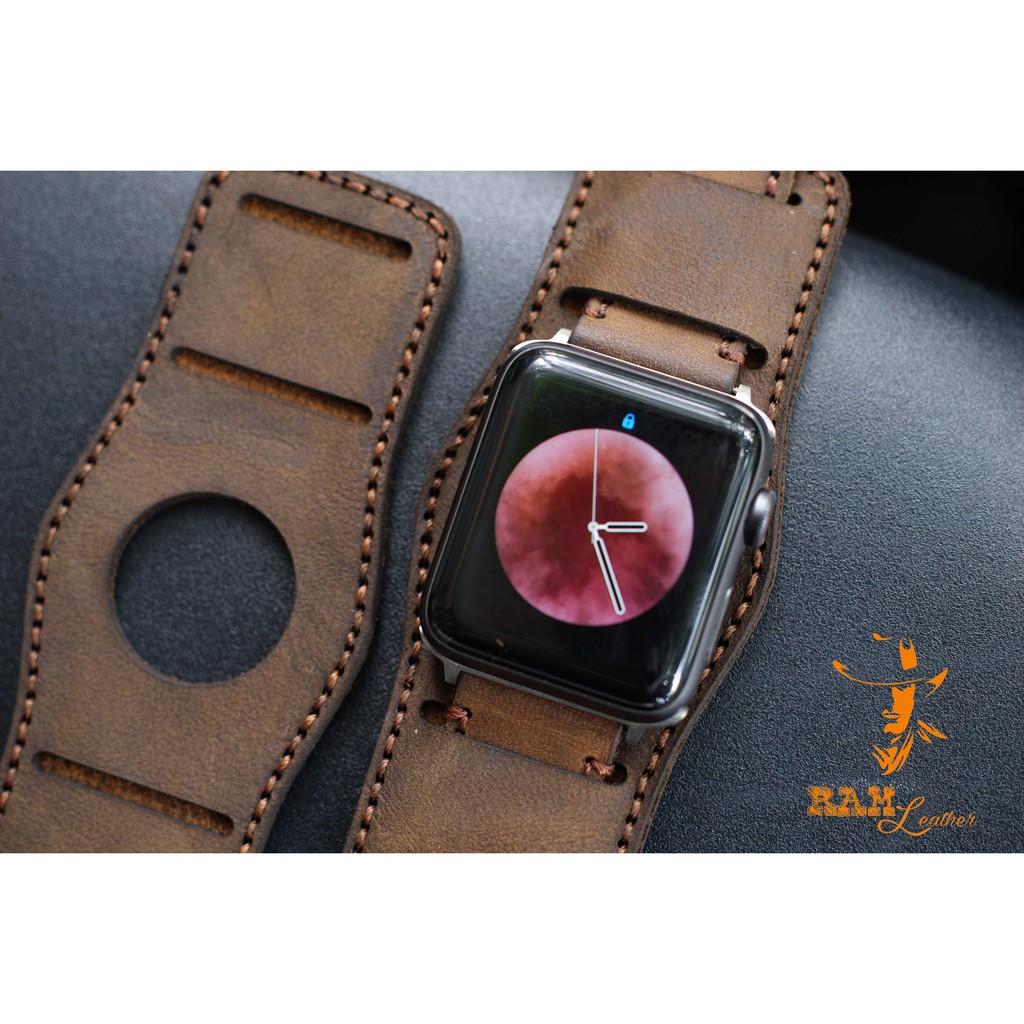 Dây apple watch da bò nâu đất kèm bundstrap chống mồ hôi RAM Leather b2 - tặng khóa chốt và adapter