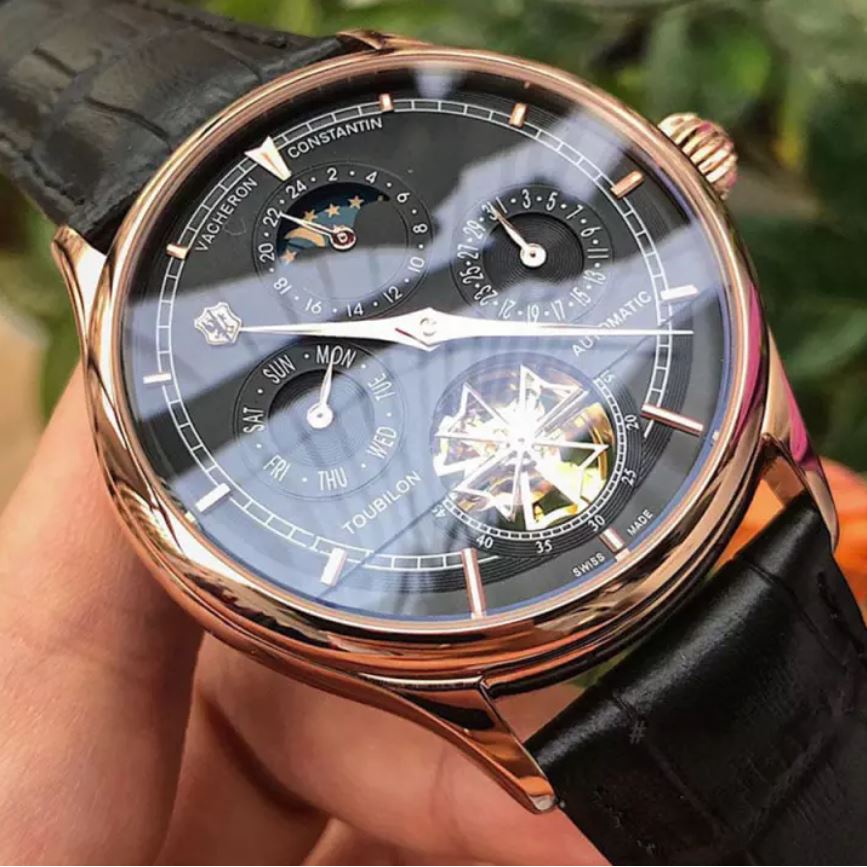 Đồng hồ Nam máy nhật, mẫu 5kim lộ cơ cánh khế, mặt đen viền vàng , dòng cơ Automatic size 40mm