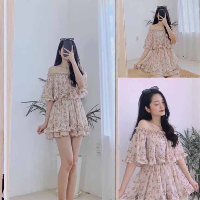 Đầm Xinh Trễ Vai Roll Dress hoạ tiết hoa nhí chất voan xếp bèo bo chun ở eo có kèm lớp lót trong - váy công chúa