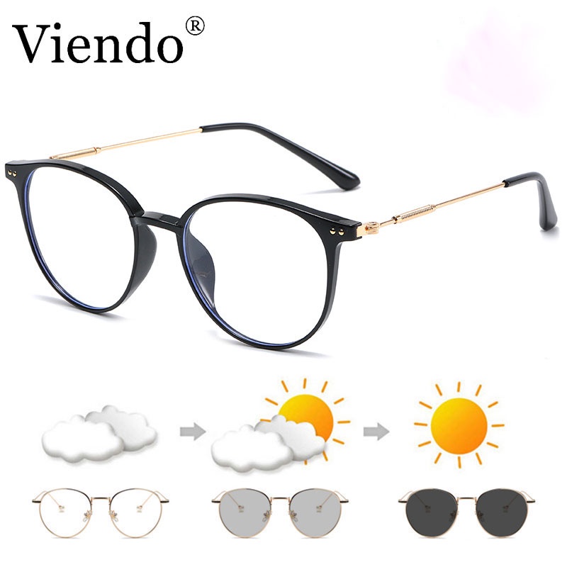 VIENDO Mắt Kính Gọng Tròn Đổi Màu Chống Ánh Sáng Xanh Thời Trang Cho Nam Nữ 0~-6 Độ