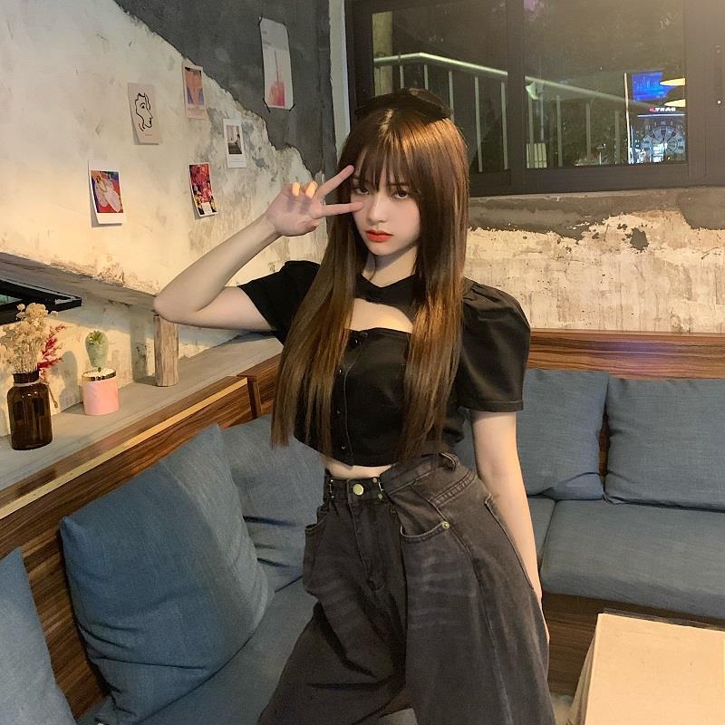 Áo Croptop Màu Đen Dáng Ôm Phong Cách Retro Thời Trang Mùa Hè