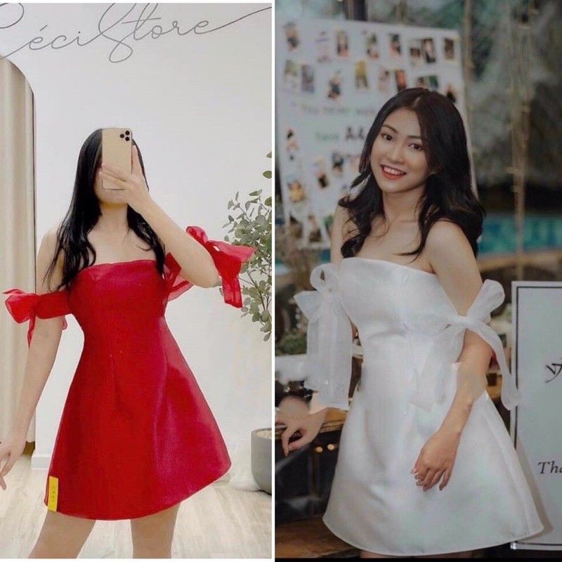 [Corn9] ĐẦM TRẮNG TRỄ VAI CÚP NGỰC TAY VOAN NƠ