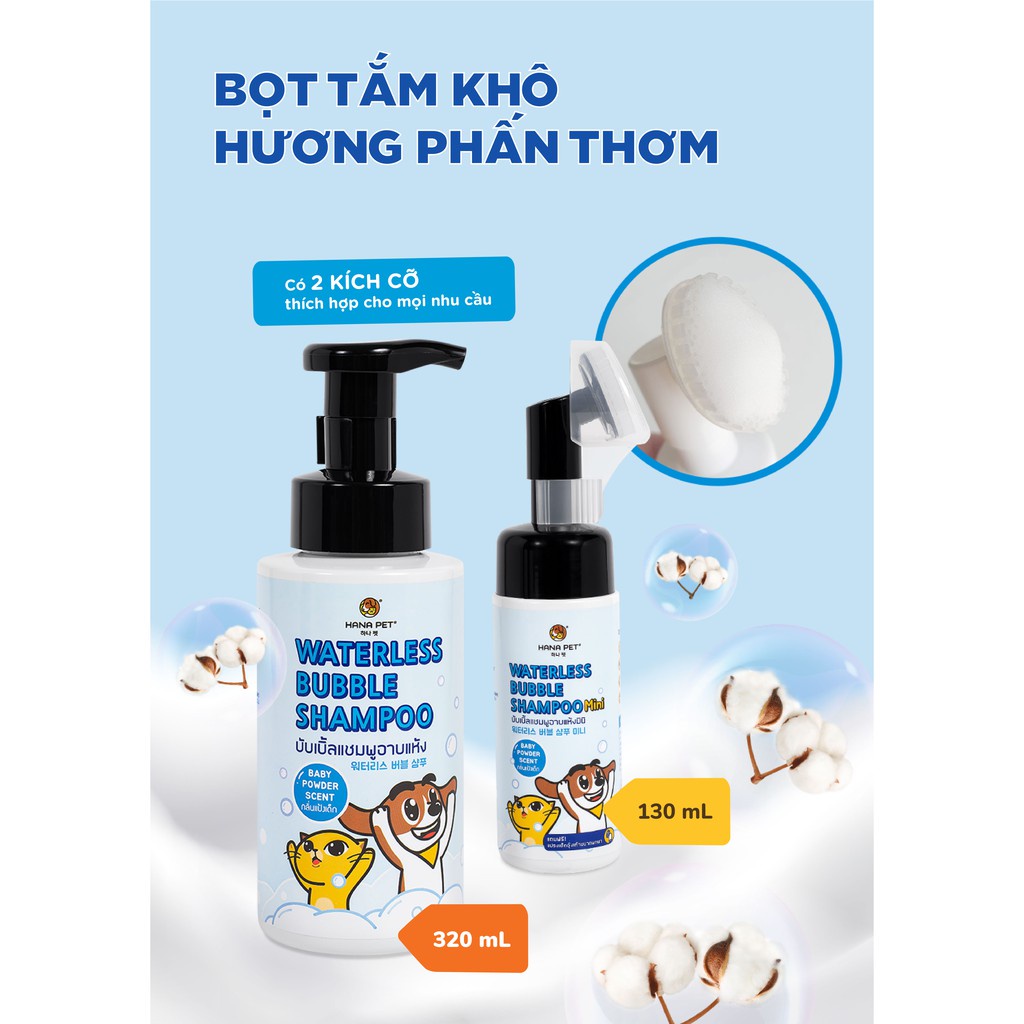 [HCM]Bọt tắm khô dưỡng lông cho chó, mèo Waterless Bubble Shampoo 130ml hương phấn thơm - Hana Pet Hàn Quốc