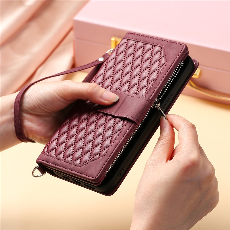 Ốp Điện Thoại Da Mềm Nắp Gập Tích Hợp Ví Có Khóa Kéo Và Dây Đeo Dành Cho IPhone 14 13 12 Mini 11 Pro Max